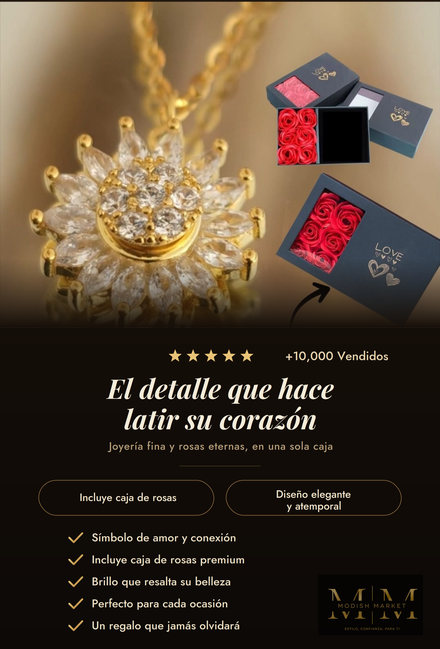 Collar Girasol Giratorio + Caja De Rosas