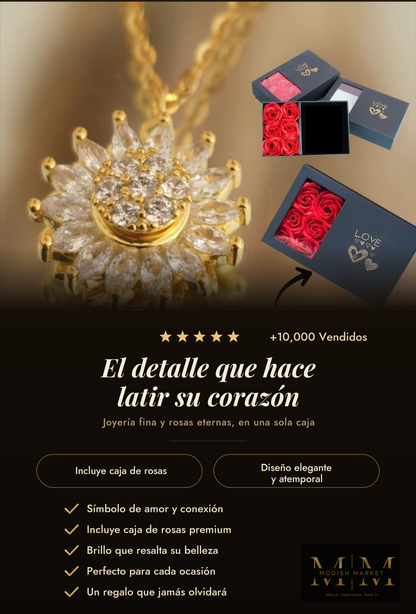 Collar Girasol Giratorio + Caja De Rosas