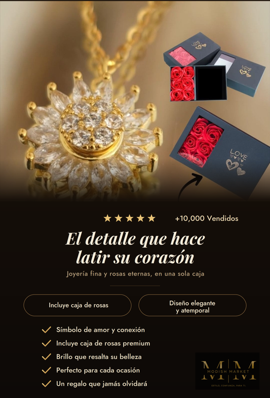 Collar Girasol Giratorio + Caja De Rosas