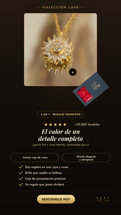 Collar Girasol Giratorio + Caja De Rosas